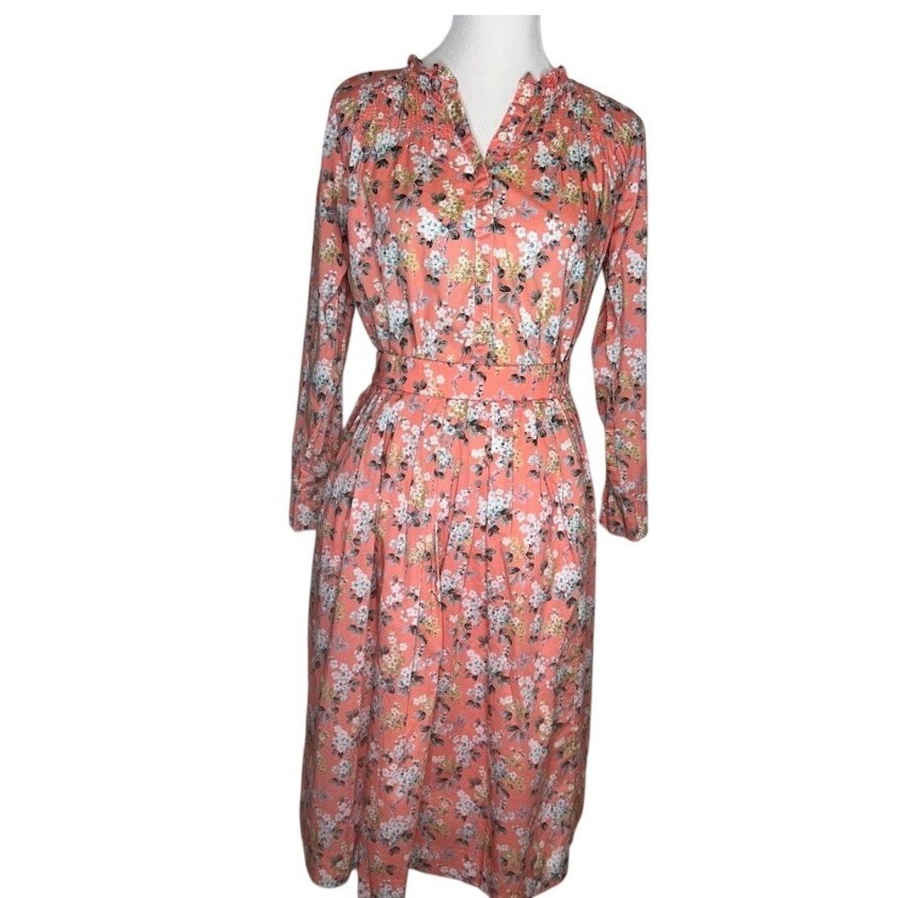 J Crew Coral Pink Floral Shirt and Pleated Midi Skirt Liberty Josephine Size 2/4